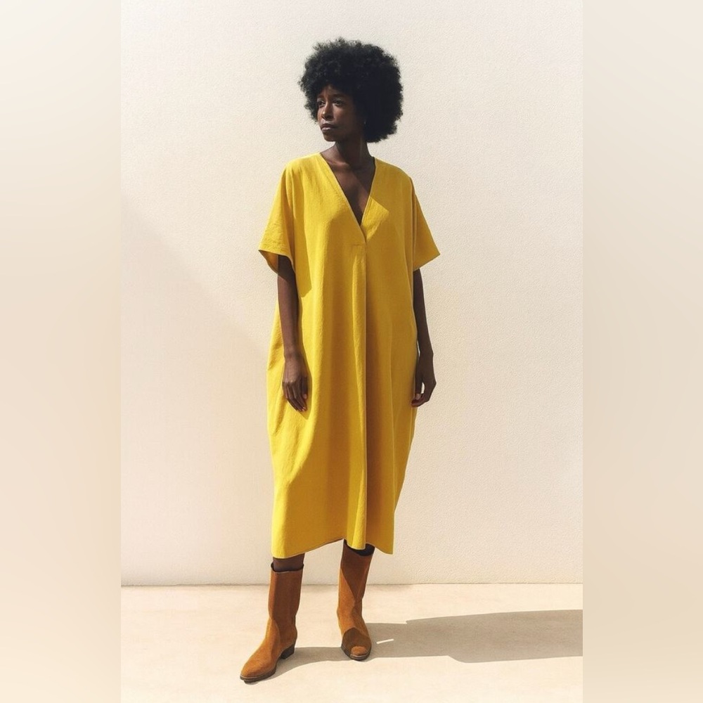 Zara Mustard Yellow Linen Blend Midi Dress | V-Neck Oversized Kaftan